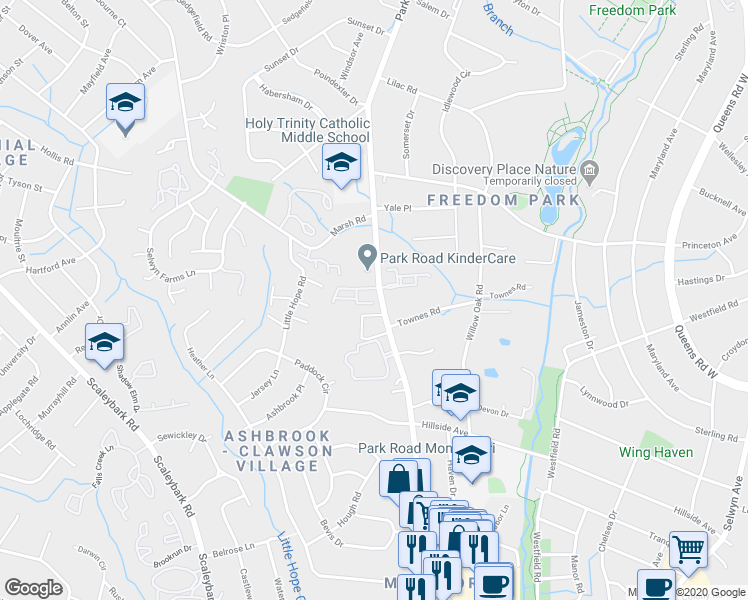map of restaurants, bars, coffee shops, grocery stores, and more near 3463 West Slope Lane in Charlotte
