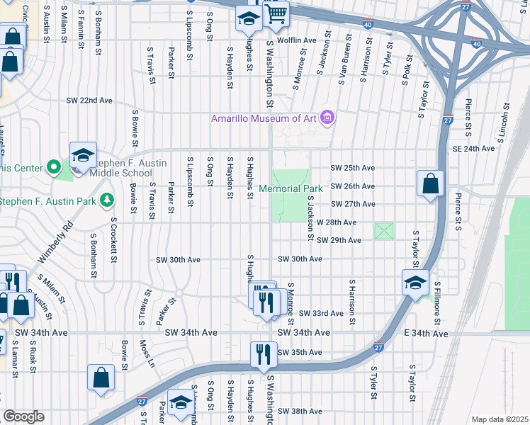 map of restaurants, bars, coffee shops, grocery stores, and more near 2601-2799 S Washington St in Amarillo