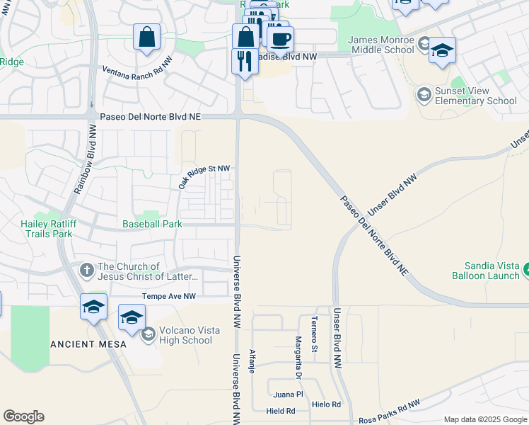 map of restaurants, bars, coffee shops, grocery stores, and more near 6601 Tree Line Avenue Northwest in Albuquerque