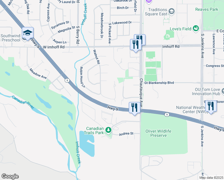 map of restaurants, bars, coffee shops, grocery stores, and more near 3127 Walnut Road in Norman