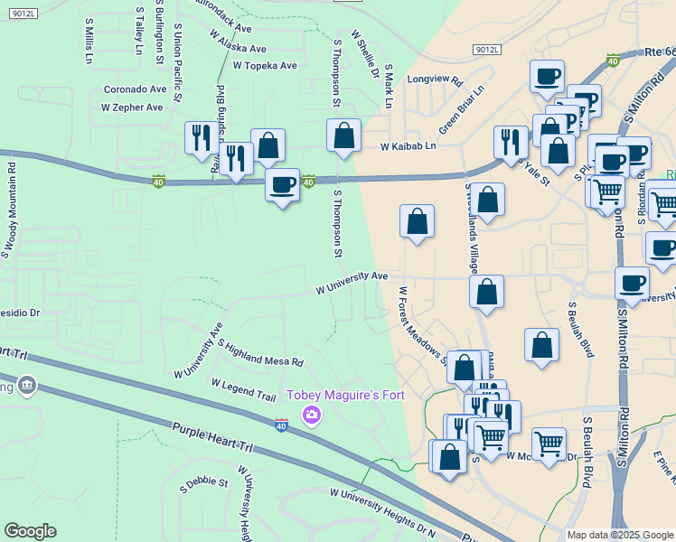 map of restaurants, bars, coffee shops, grocery stores, and more near 1600 West University Avenue in Flagstaff
