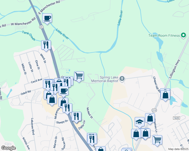 map of restaurants, bars, coffee shops, grocery stores, and more near 716 Balsawood Circle in Spring Lake