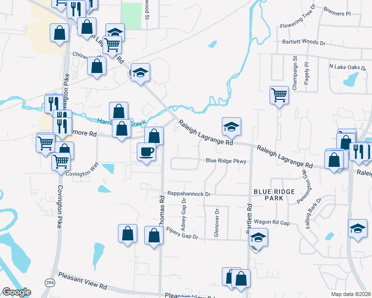 map of restaurants, bars, coffee shops, grocery stores, and more near 2144 Blueridge Cove in Memphis