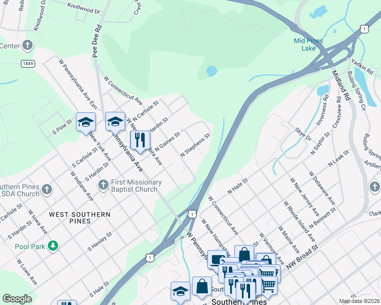 map of restaurants, bars, coffee shops, grocery stores, and more near 863 West Connecticut Avenue in Southern Pines