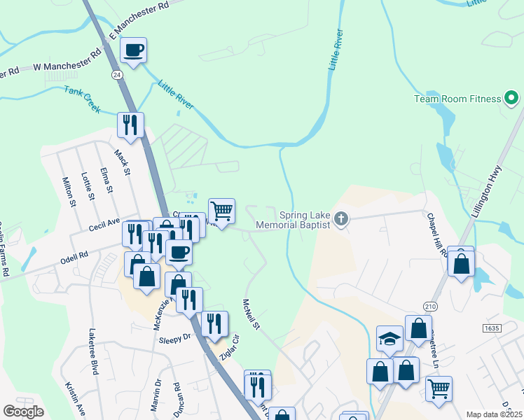 map of restaurants, bars, coffee shops, grocery stores, and more near 712 Balsawood Circle in Spring Lake