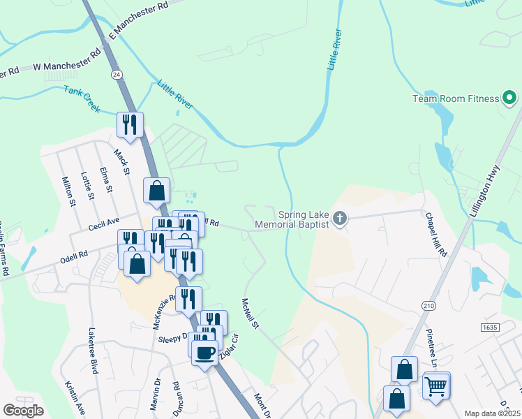 map of restaurants, bars, coffee shops, grocery stores, and more near 712 Balsawood Circle in Spring Lake