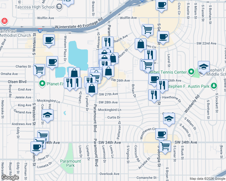 map of restaurants, bars, coffee shops, grocery stores, and more near 3110 Southwest 27th Avenue in Amarillo