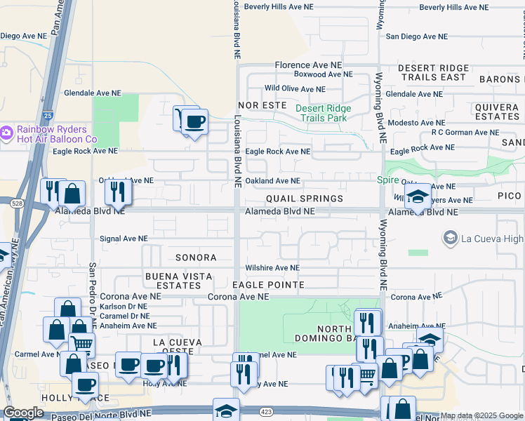 map of restaurants, bars, coffee shops, grocery stores, and more near 7108 Calle Alegria Northeast in Albuquerque