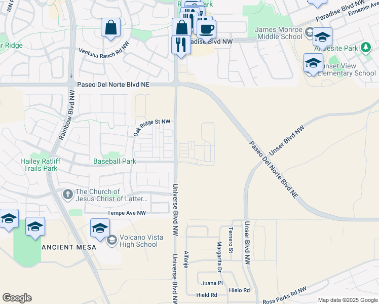 map of restaurants, bars, coffee shops, grocery stores, and more near 50 Universe Boulevard Northwest in Albuquerque