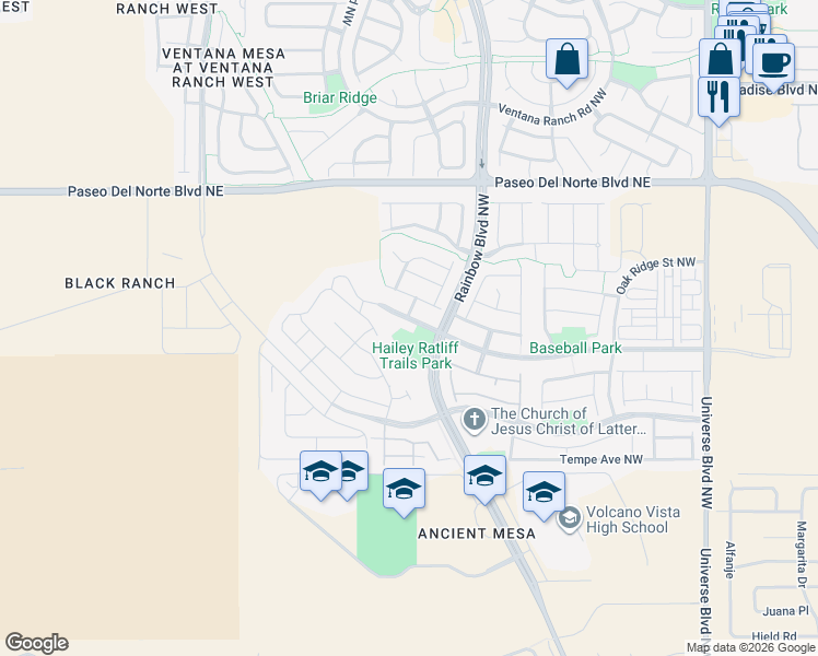 map of restaurants, bars, coffee shops, grocery stores, and more near 7316 Valle Cantero Lane Northwest in Albuquerque