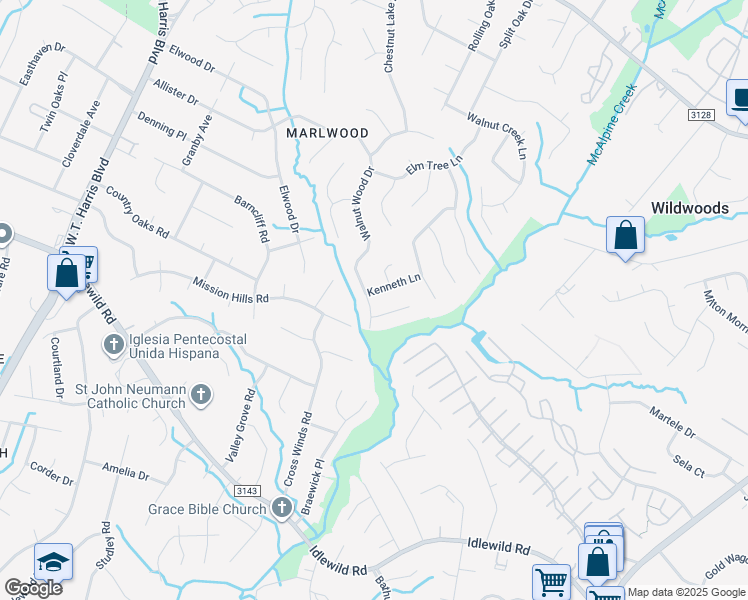 map of restaurants, bars, coffee shops, grocery stores, and more near 7601 Grayling Court in Charlotte