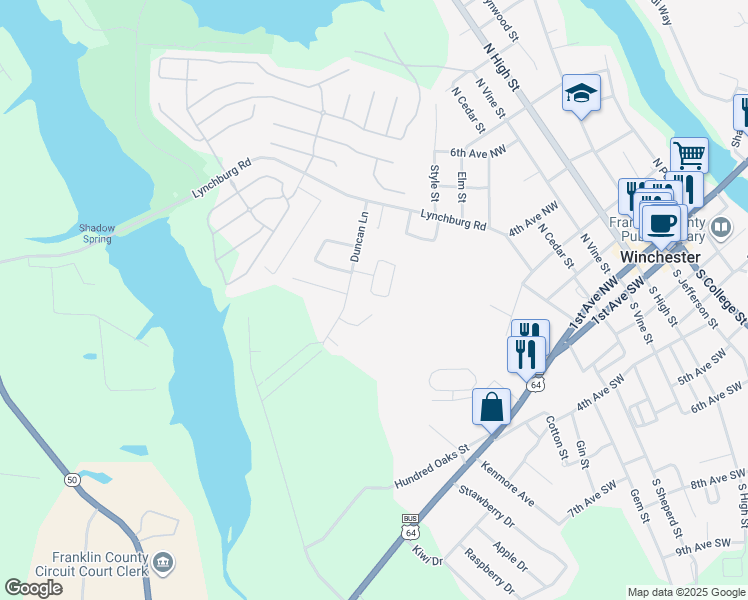 map of restaurants, bars, coffee shops, grocery stores, and more near 102 Troy Court in Winchester