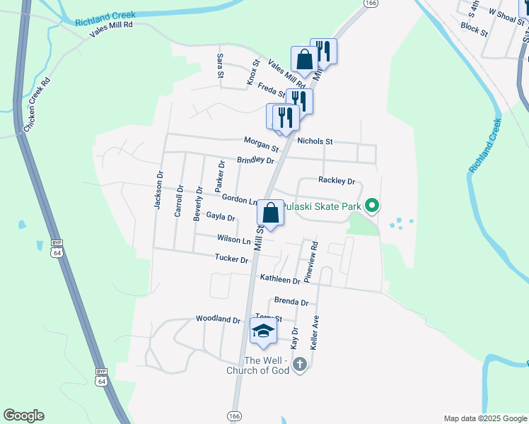 map of restaurants, bars, coffee shops, grocery stores, and more near 1275 Mill Street in Pulaski