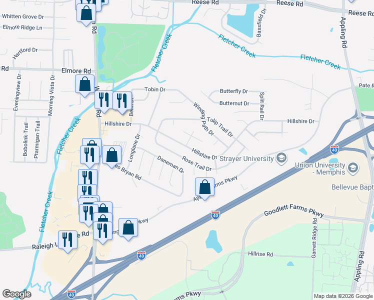 map of restaurants, bars, coffee shops, grocery stores, and more near 7028 Rose Trail Drive in Memphis