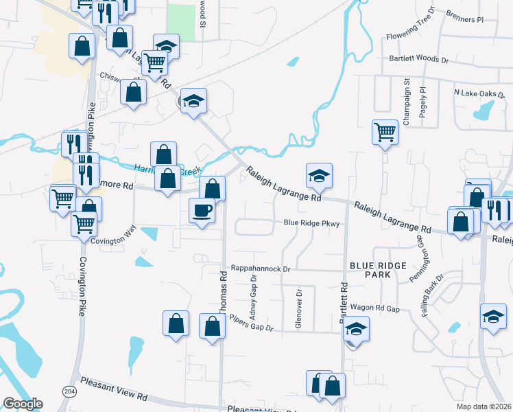 map of restaurants, bars, coffee shops, grocery stores, and more near 2144 Blueridge Cove in Memphis