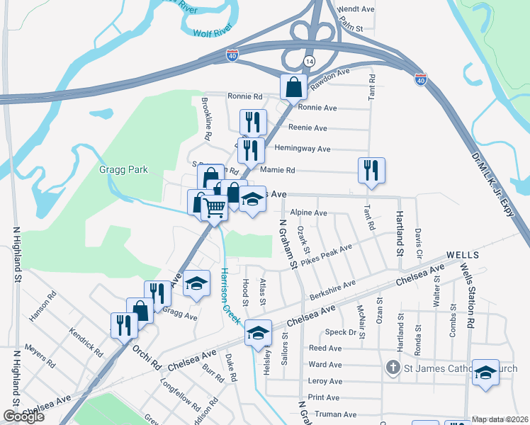 map of restaurants, bars, coffee shops, grocery stores, and more near 3925 Wales Avenue in Memphis