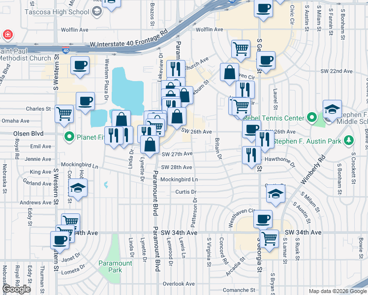 map of restaurants, bars, coffee shops, grocery stores, and more near 3110 Southwest 27th Avenue in Amarillo