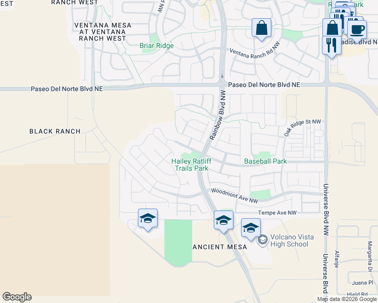 map of restaurants, bars, coffee shops, grocery stores, and more near 7316 Valle Cantero Lane Northwest in Albuquerque