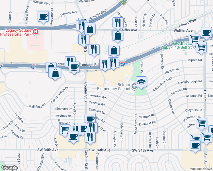 map of restaurants, bars, coffee shops, grocery stores, and more near 7131 Adirondack Trail in Amarillo