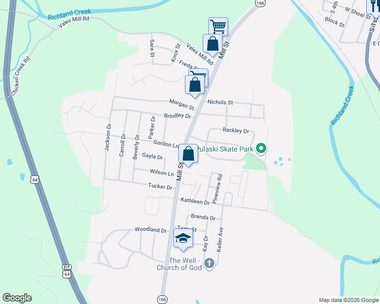 map of restaurants, bars, coffee shops, grocery stores, and more near 1275 Mill Street in Pulaski
