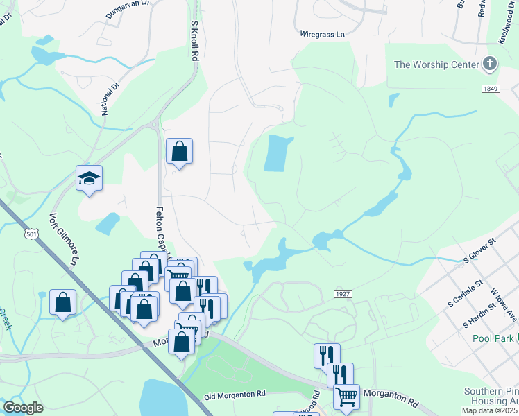 map of restaurants, bars, coffee shops, grocery stores, and more near 4 Wake Forest Ct in Southern Pines