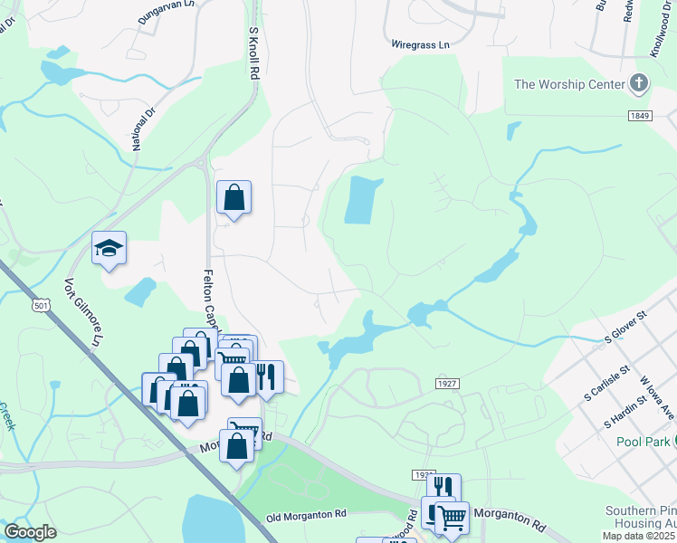 map of restaurants, bars, coffee shops, grocery stores, and more near 4 Wake Forest Ct in Southern Pines