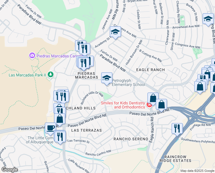 map of restaurants, bars, coffee shops, grocery stores, and more near 5100 Marna Lynn Avenue Northwest in Albuquerque