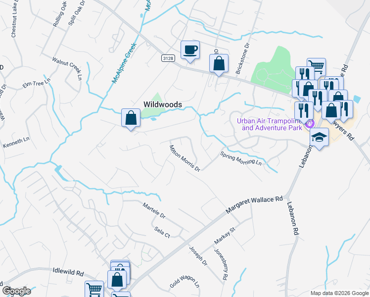 map of restaurants, bars, coffee shops, grocery stores, and more near 8505 Milton Morris Drive in Charlotte