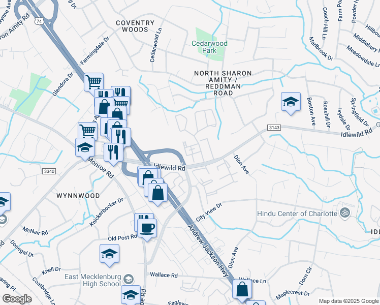 map of restaurants, bars, coffee shops, grocery stores, and more near 5834 Cedars East Court in Charlotte