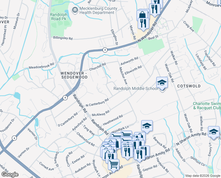 map of restaurants, bars, coffee shops, grocery stores, and more near in Charlotte