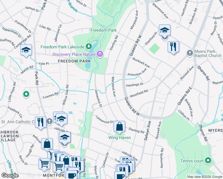 map of restaurants, bars, coffee shops, grocery stores, and more near 1761 Sterling Road in Charlotte
