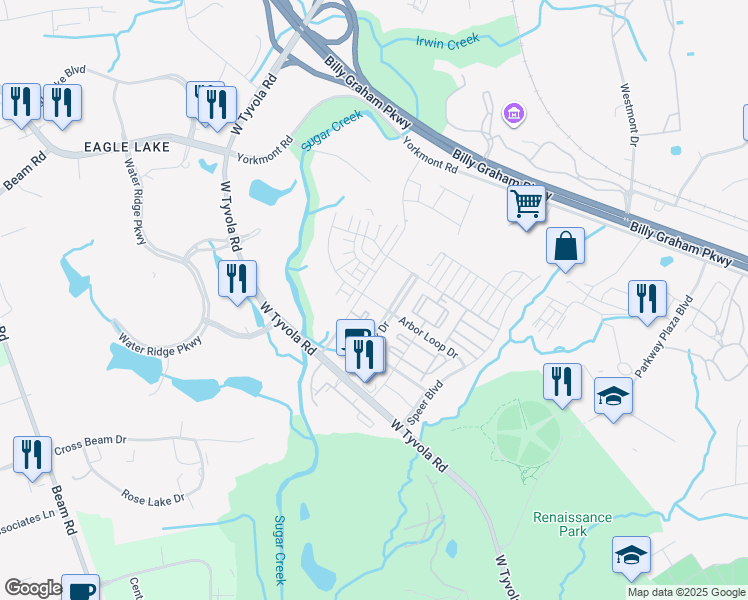 map of restaurants, bars, coffee shops, grocery stores, and more near 3911 Memorial Parkway in Charlotte