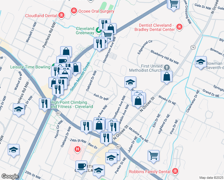 map of restaurants, bars, coffee shops, grocery stores, and more near 2901 Henderson Avenue Northwest in Cleveland
