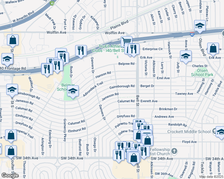 map of restaurants, bars, coffee shops, grocery stores, and more near 6101 Jameson Road in Amarillo