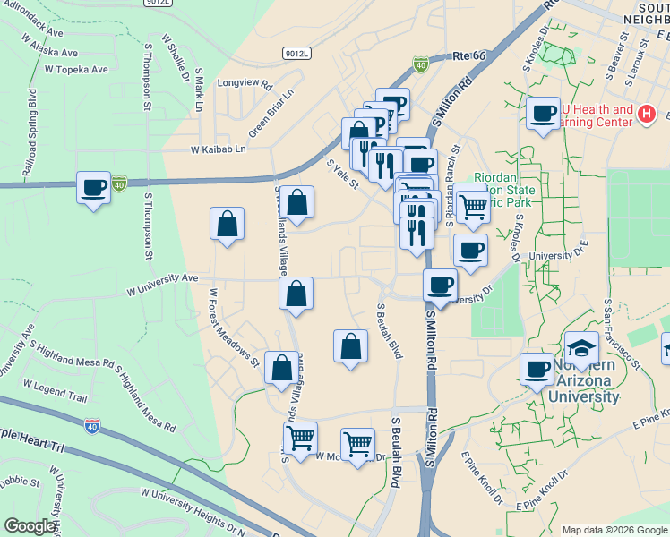 map of restaurants, bars, coffee shops, grocery stores, and more near 906 West University Avenue in Flagstaff