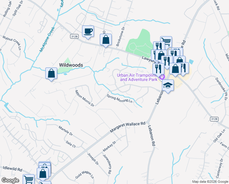 map of restaurants, bars, coffee shops, grocery stores, and more near 8826 Milton Morris Drive in Charlotte