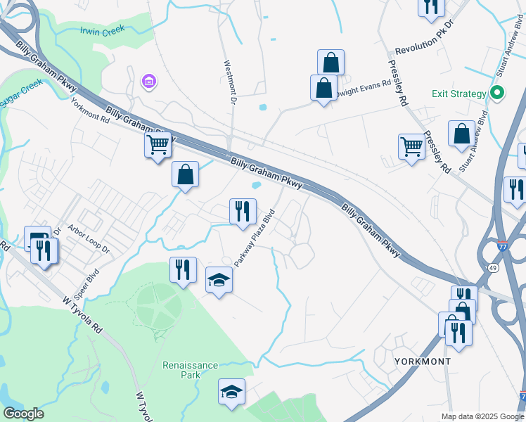 map of restaurants, bars, coffee shops, grocery stores, and more near 4838-4944 Parkway Plaza Blvd in Charlotte