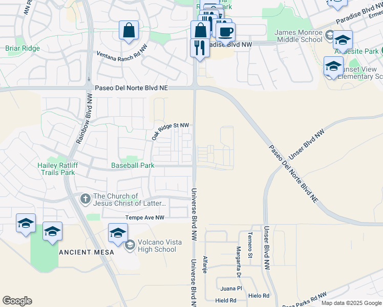 map of restaurants, bars, coffee shops, grocery stores, and more near 50 Universe Boulevard Northwest in Albuquerque