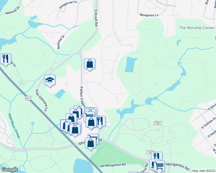 map of restaurants, bars, coffee shops, grocery stores, and more near 214 Plantation Drive in Southern Pines