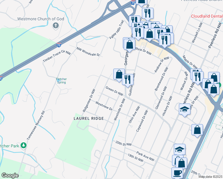 map of restaurants, bars, coffee shops, grocery stores, and more near 1870 Green Drive Northwest in Cleveland