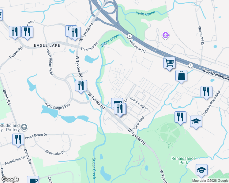 map of restaurants, bars, coffee shops, grocery stores, and more near 3911 Memorial Parkway in Charlotte