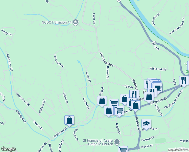 map of restaurants, bars, coffee shops, grocery stores, and more near 80 Curtis Street in Franklin