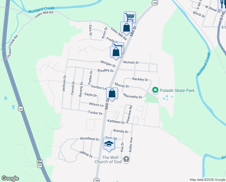 map of restaurants, bars, coffee shops, grocery stores, and more near 1275 Mill Street in Pulaski