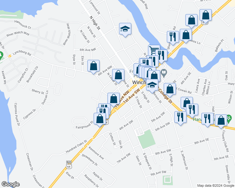 map of restaurants, bars, coffee shops, grocery stores, and more near 111 North Cedar Street in Winchester