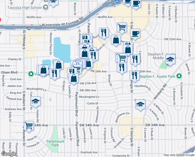 map of restaurants, bars, coffee shops, grocery stores, and more near 3110 Southwest 27th Avenue in Amarillo