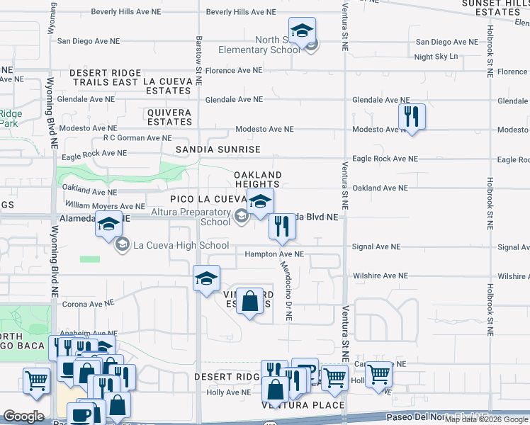 map of restaurants, bars, coffee shops, grocery stores, and more near 8750 Alameda Boulevard Northeast in Albuquerque