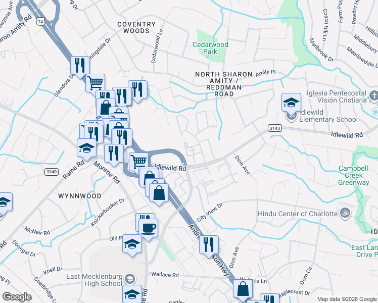 map of restaurants, bars, coffee shops, grocery stores, and more near 5834 Cedars East Court in Charlotte