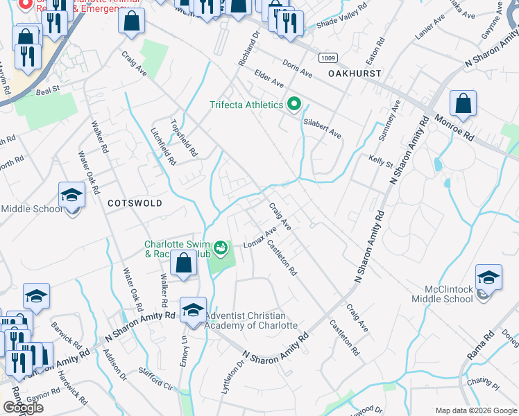 map of restaurants, bars, coffee shops, grocery stores, and more near in Charlotte