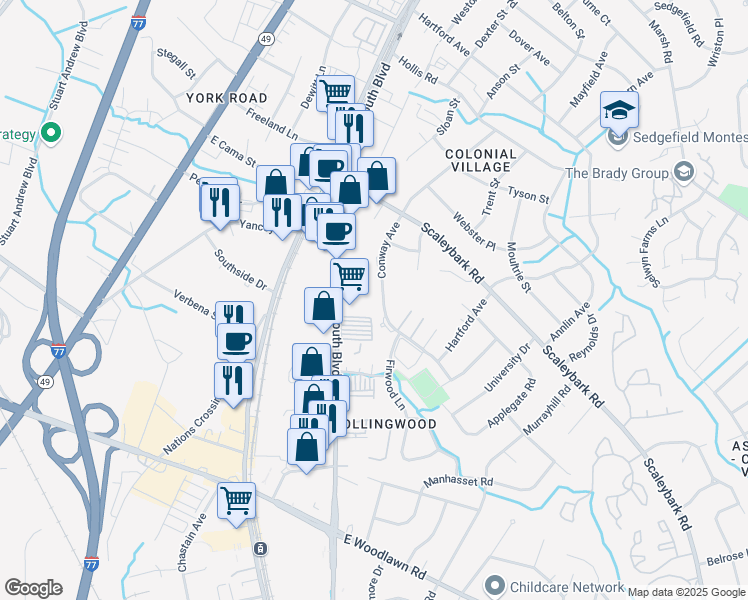 map of restaurants, bars, coffee shops, grocery stores, and more near 4034 Conway Avenue in Charlotte