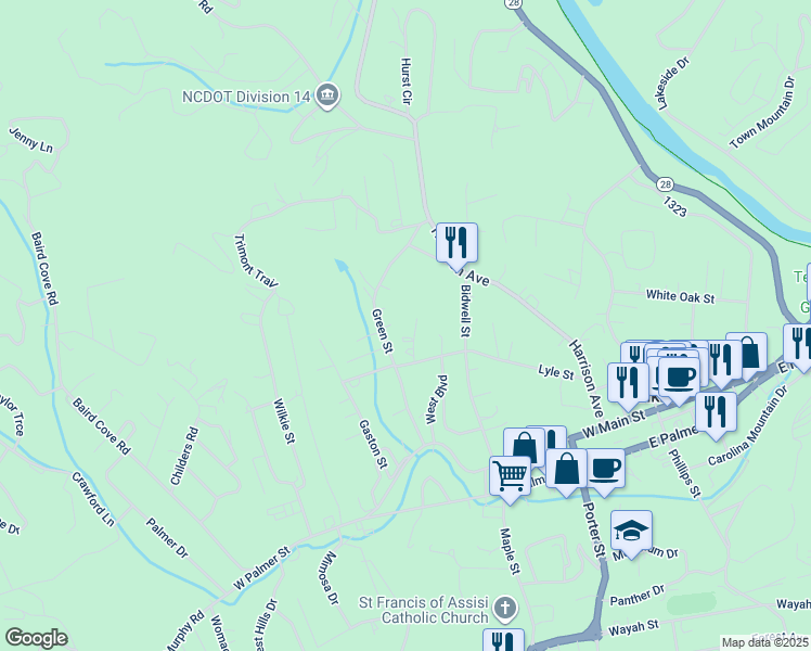 map of restaurants, bars, coffee shops, grocery stores, and more near 80 Curtis Street in Franklin